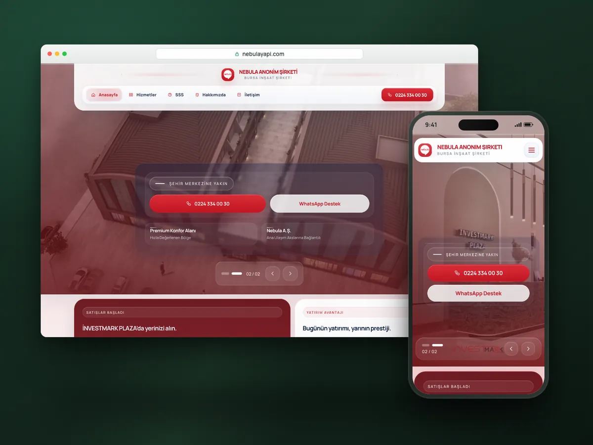 Nebula Yapı web sitesi, masaüstü ve mobil görünüm