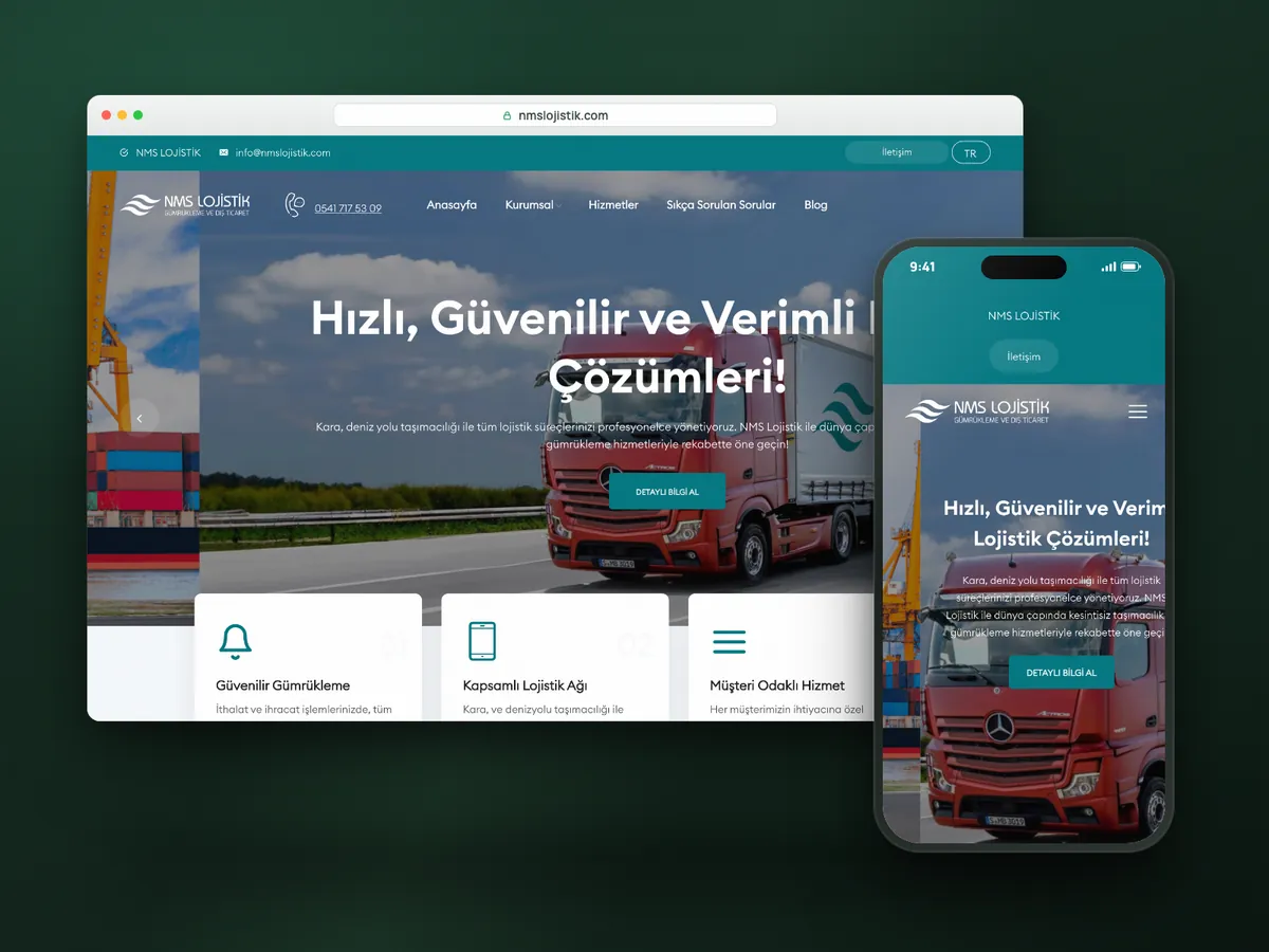 NMS Lojistik web sitesi, masaüstü ve mobil görünüm