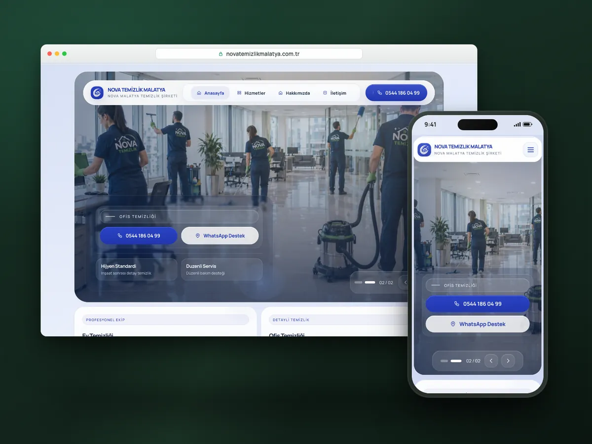 Nova Temizlik web sitesi, masaüstü ve mobil görünüm