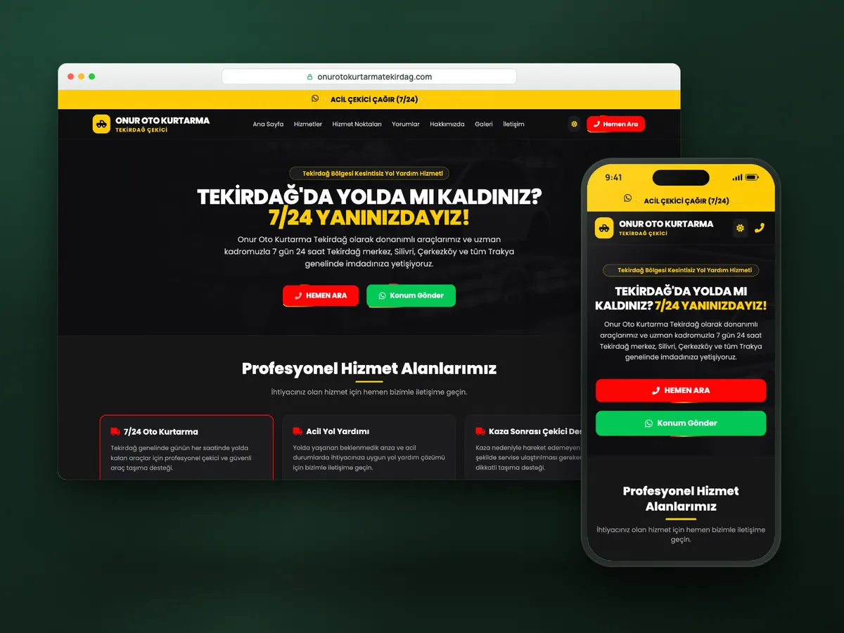 Onur Oto Kurtarma web sitesi, masaüstü ve mobil görünüm