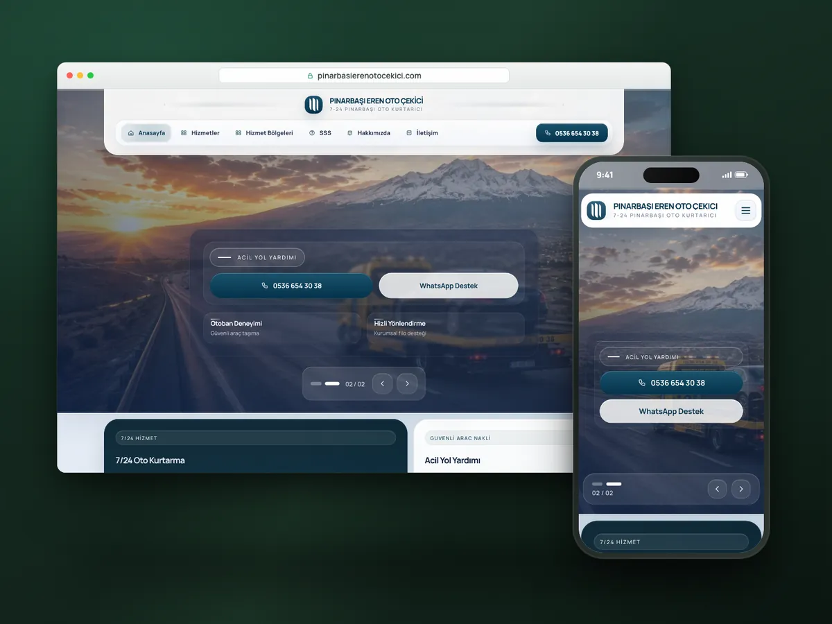 Eren Oto Çekici web sitesi, masaüstü ve mobil görünüm