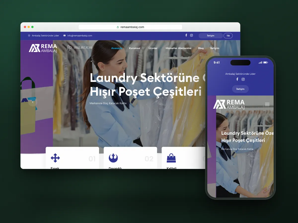 Rema Ambalaj web sitesi, masaüstü ve mobil görünüm