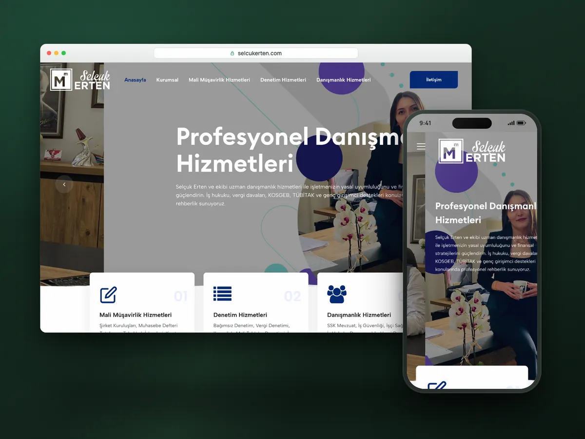 SMMM Selçuk Erten web sitesi, masaüstü ve mobil görünüm