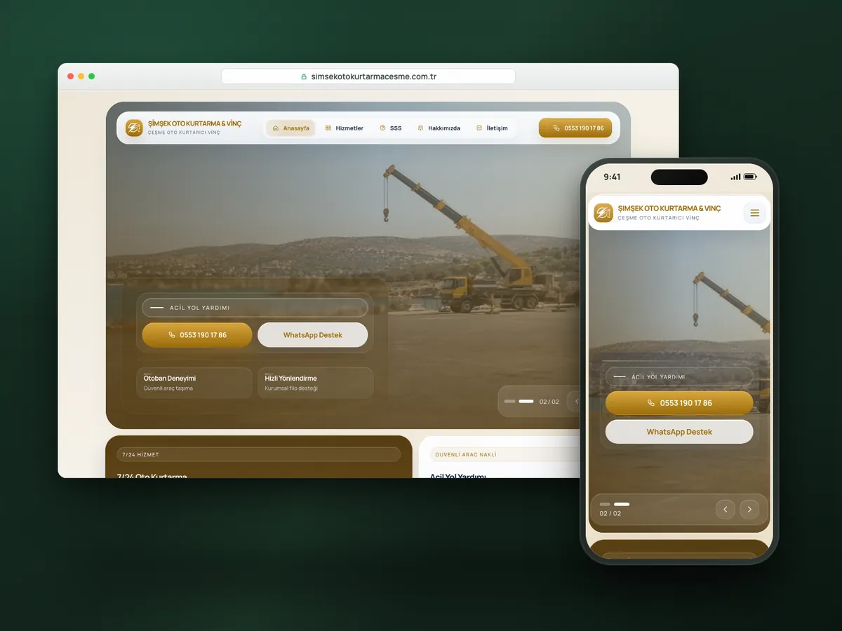 Şimşek Oto Kurtarma web sitesi, masaüstü ve mobil görünüm