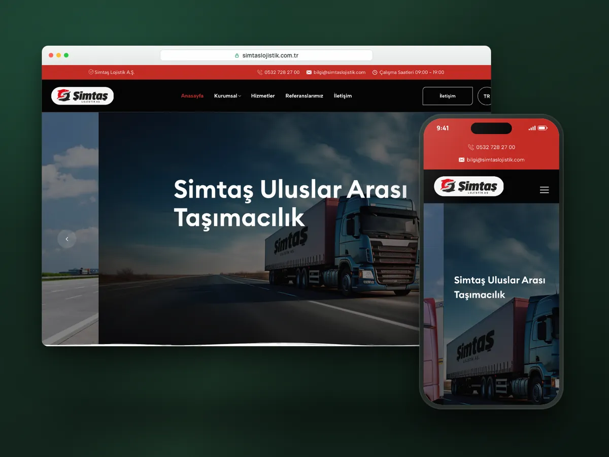 Simtaş Lojistik web sitesi, masaüstü ve mobil görünüm