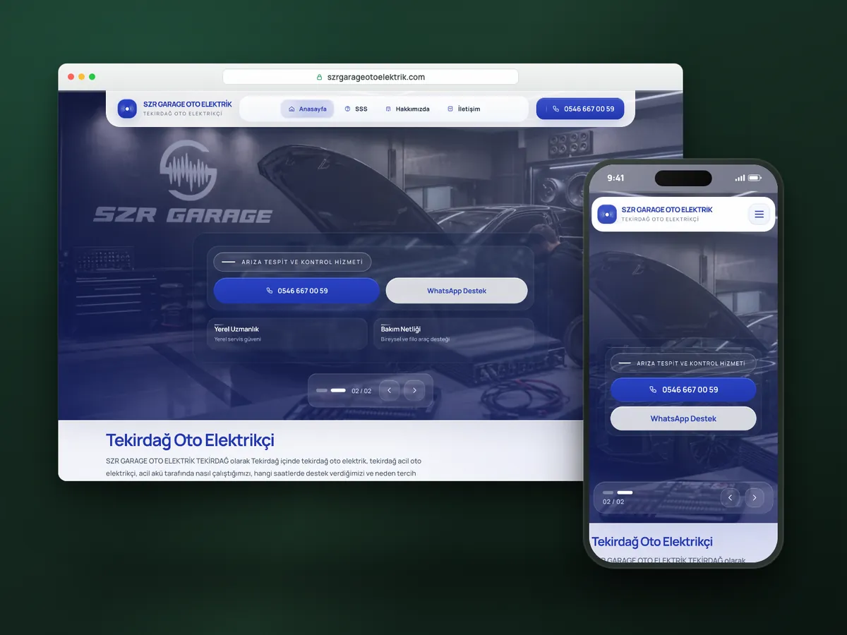 SZR Garage Oto Elektrik web sitesi, masaüstü ve mobil görünüm