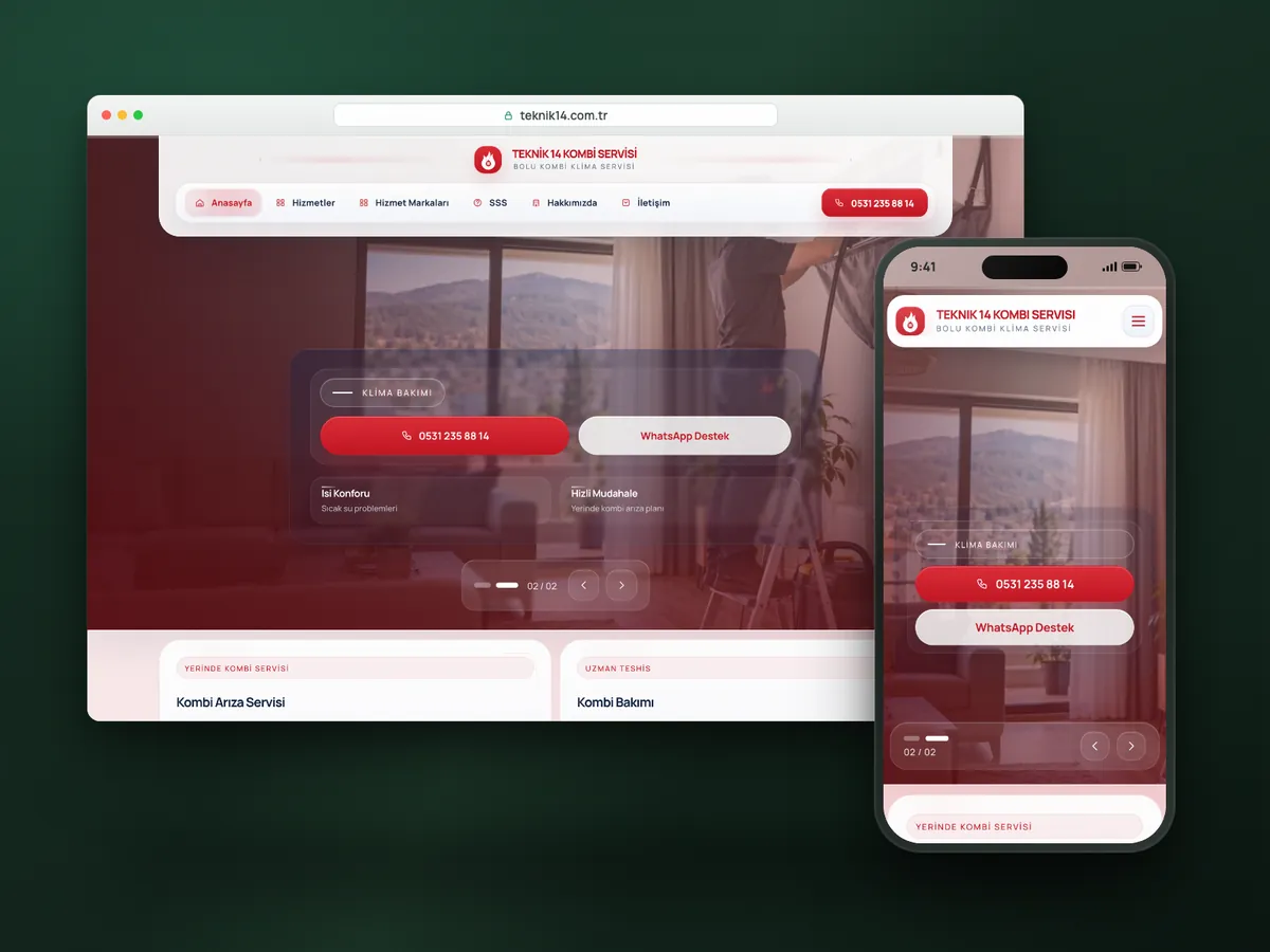 Teknik 14 web sitesi, masaüstü ve mobil görünüm