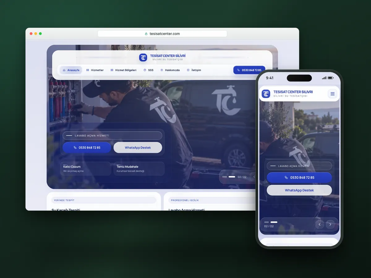 Tesisat Center web sitesi, masaüstü ve mobil görünüm