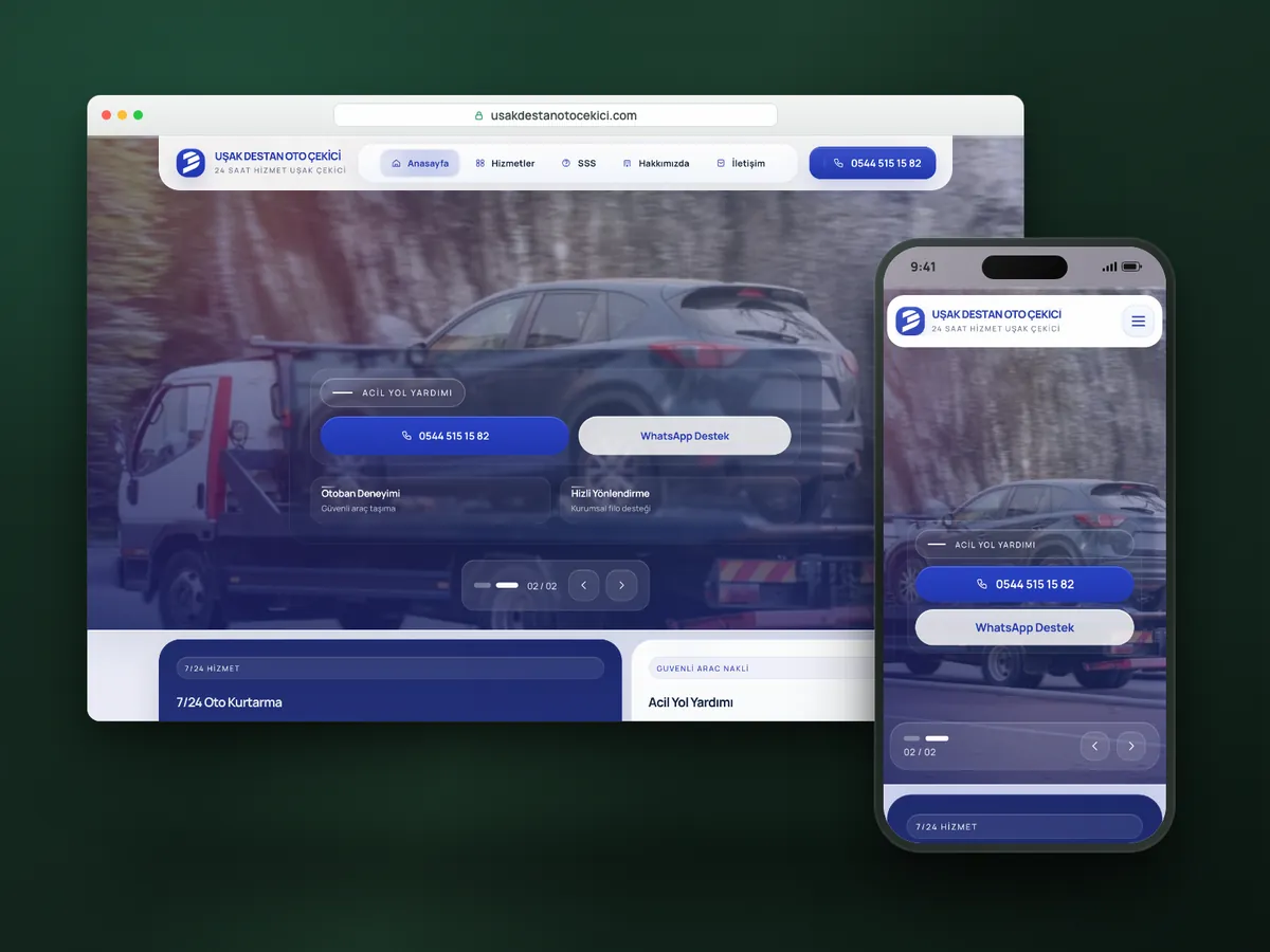 Destan Oto Çekici web sitesi, masaüstü ve mobil görünüm