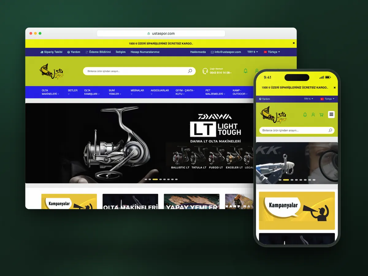 Ustaspor web sitesi, masaüstü ve mobil görünüm