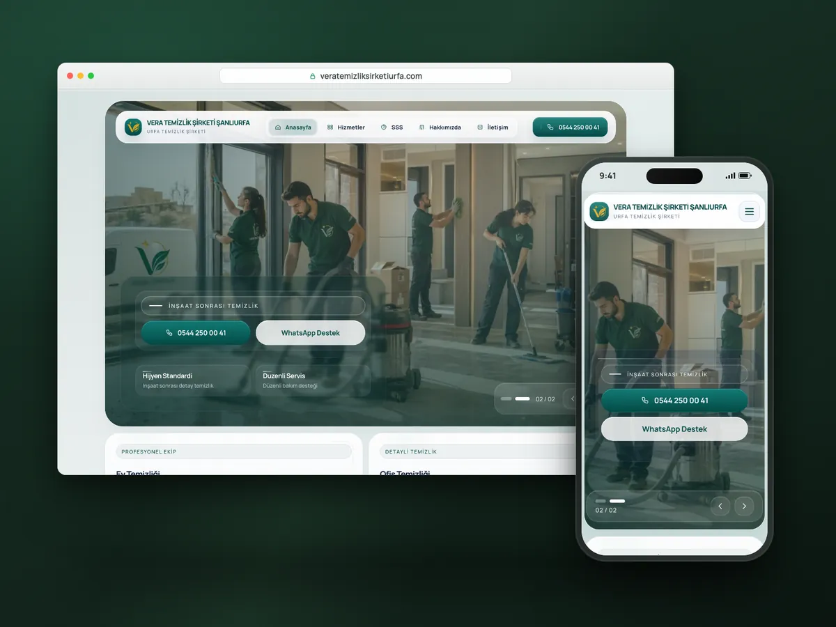 Vera Temizlik web sitesi, masaüstü ve mobil görünüm