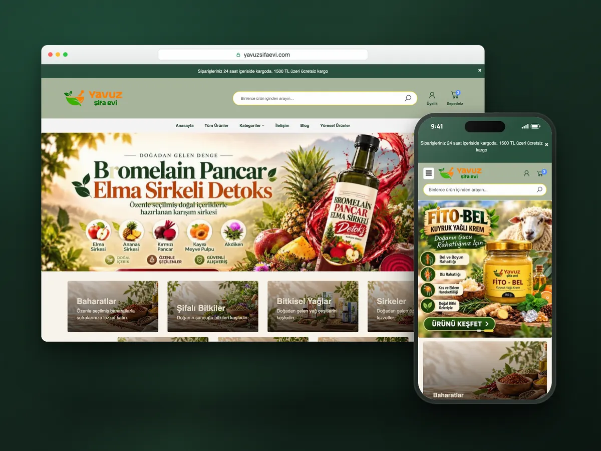 Yavuz Şifa Evi web sitesi, masaüstü ve mobil görünüm