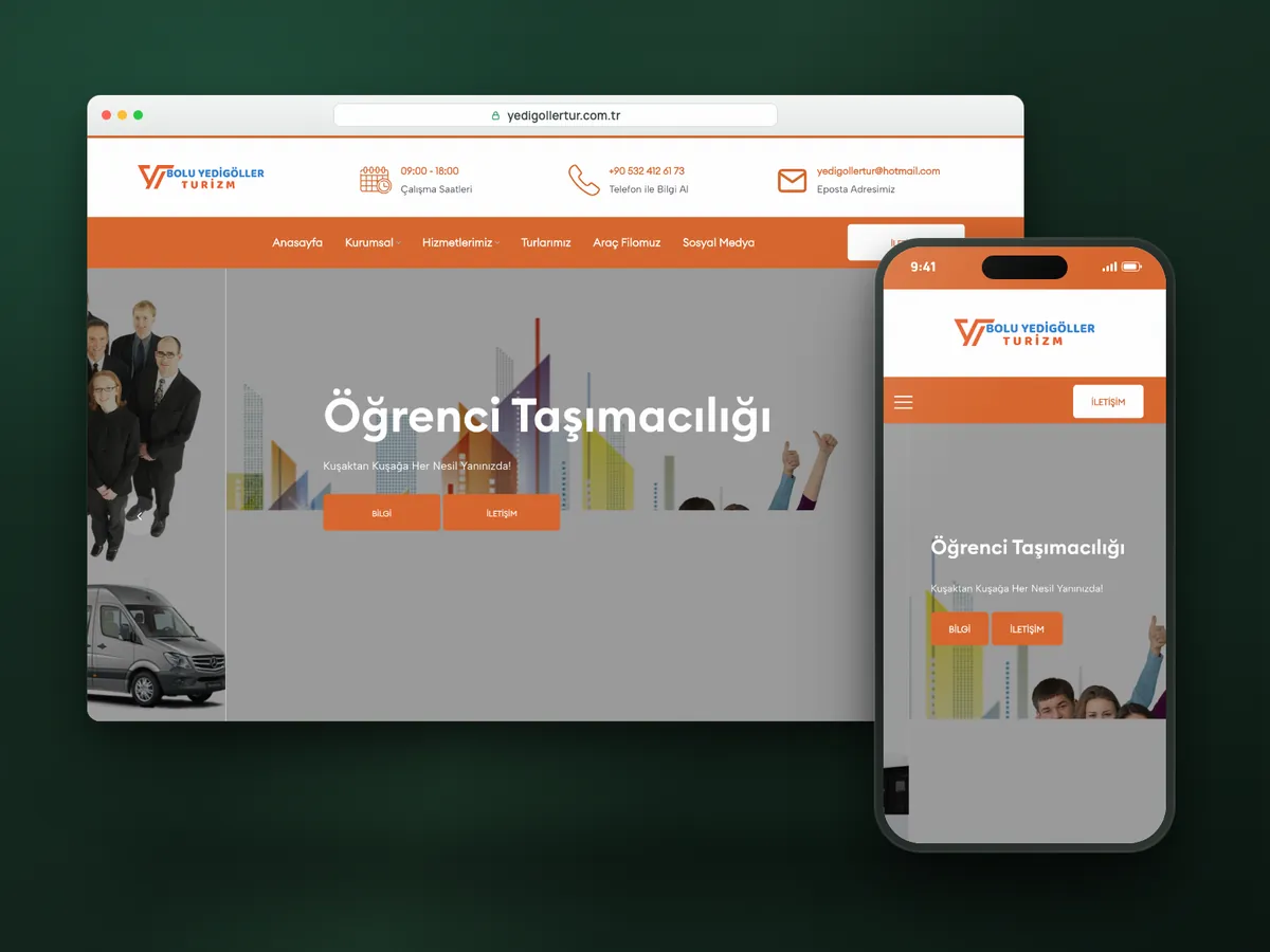 Yedigöller Turizm web sitesi, masaüstü ve mobil görünüm